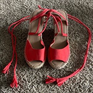Red wedge sandals with tie around strings worn 4 times and a size 10